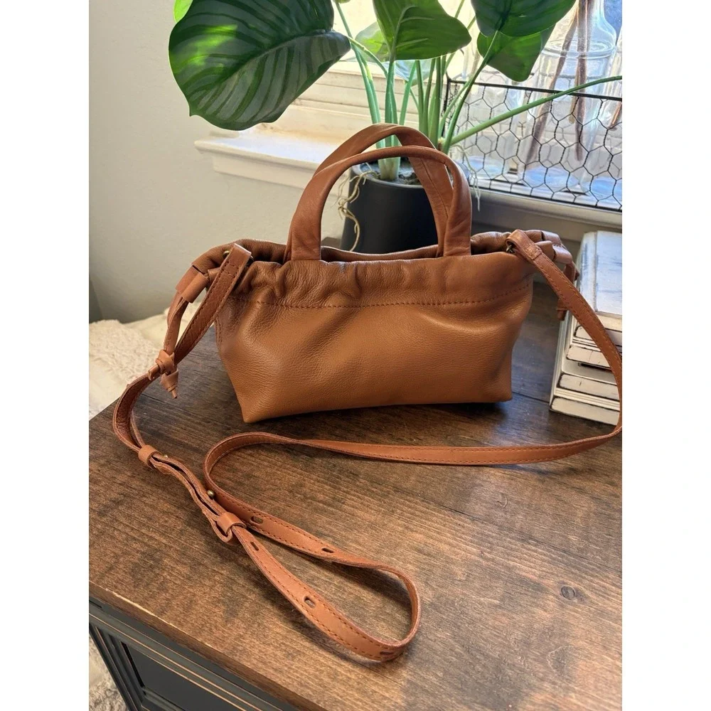 MADEWELL The Piazza Mini Caramel Genuine Leather Crossbody Bag Drawstring